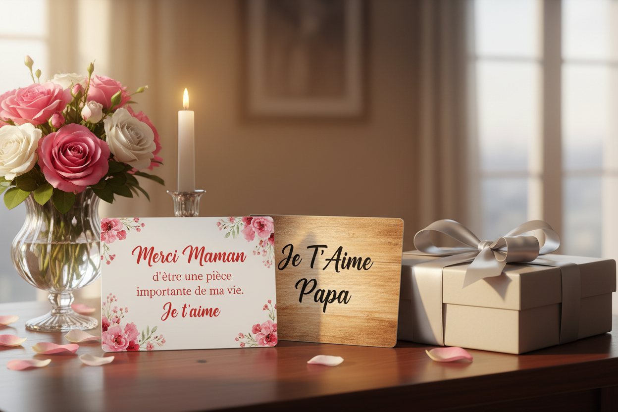 Plaques Merci Maman & Je T'aime Papa mise en scène cadeau