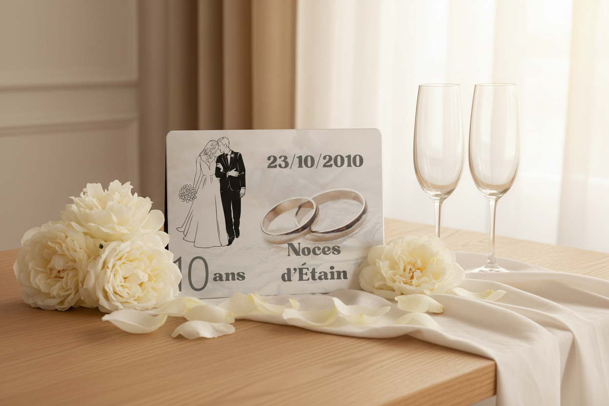 Plaque Noces d'Étain mise en scène mariage