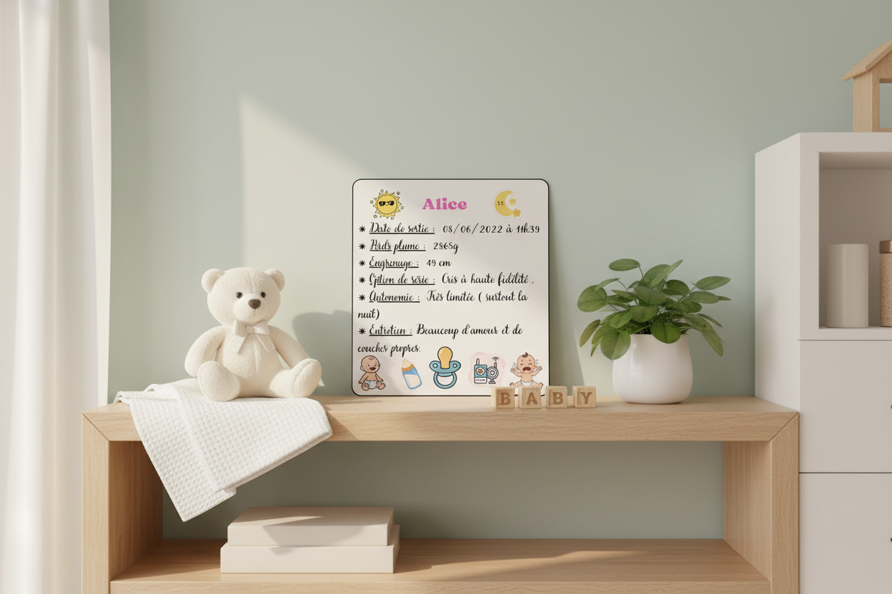 Plaque bébé Alice mise en scène chambre