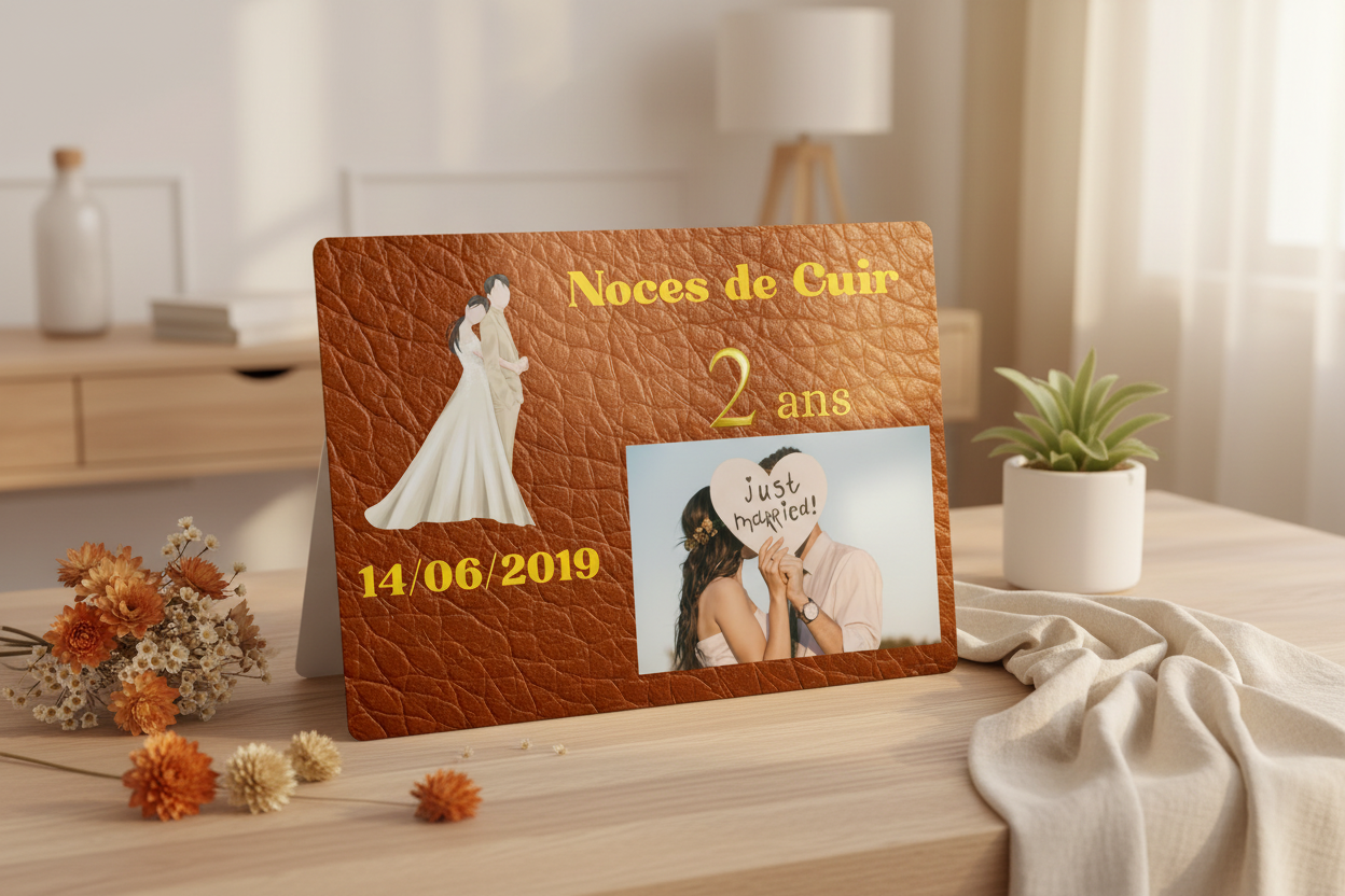 Plaque Noces de Cuir 2 ans mise en scène lifestyle